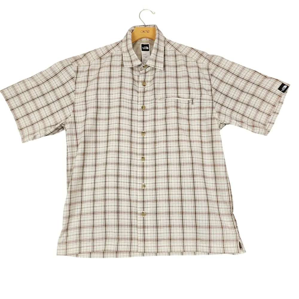 The North Face Mens Cream Brown Plaid Short Sleeve Button Down Shirt Size Medium
